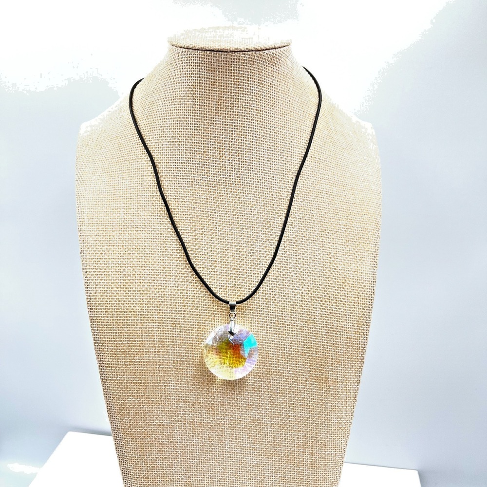 Vintage Y2K‎ Iridescent Aurora Borealis Crystal Pendant Black Cord Necklace